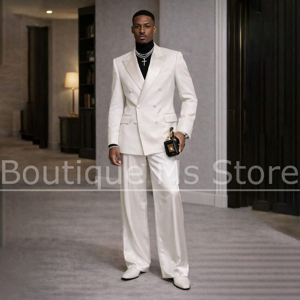 Formal Wear For Men In Wedding - Мужской белый атласный костюм-двойка с двубортным