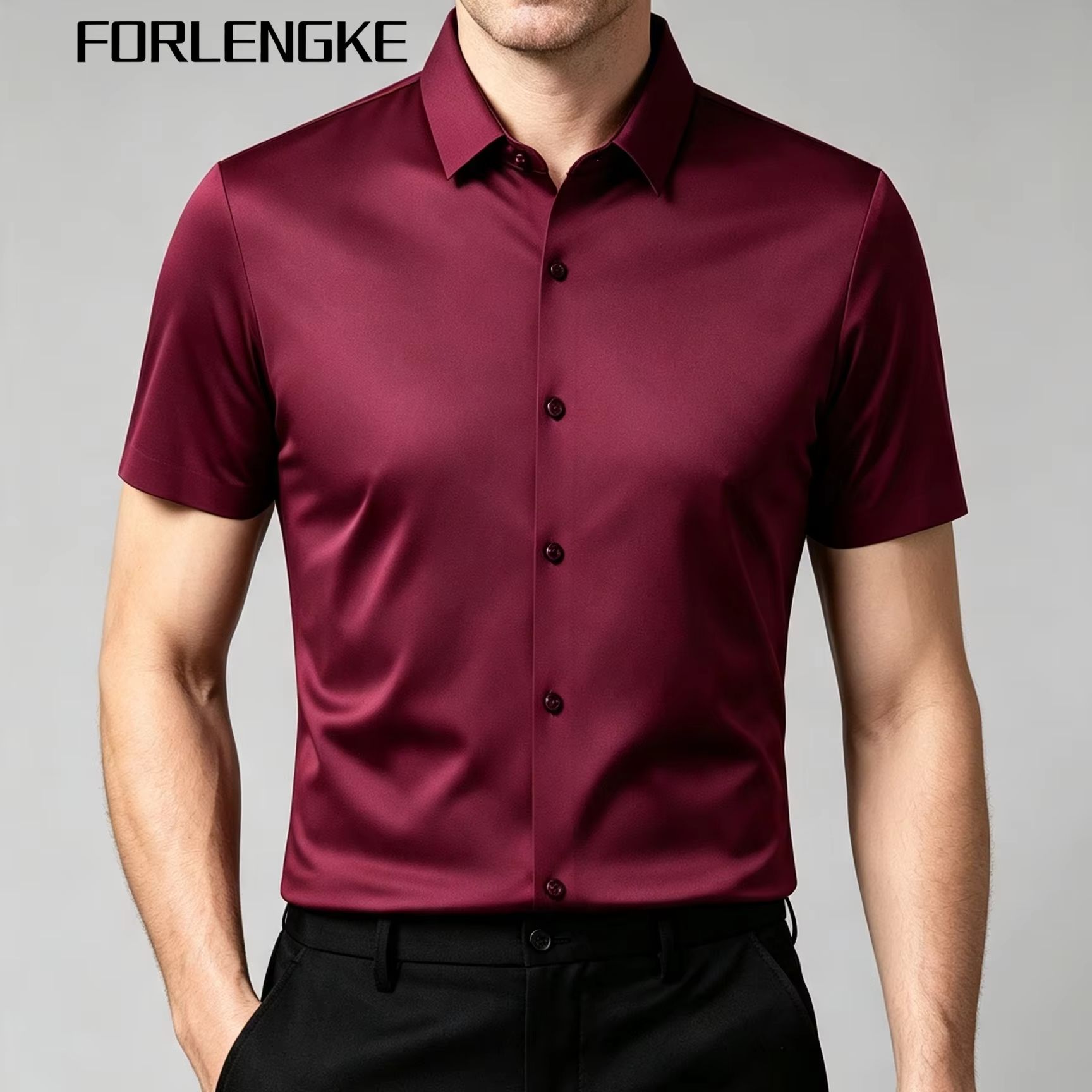 Men Formal Office Wear Shirts - Мужская деловая однотонная рубашка FORLENGKE с