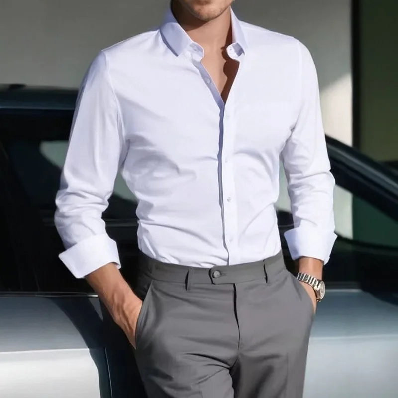 Men Formal Office Wear Shirts - Новинка: Мужские однотонные белые деловые рубашки