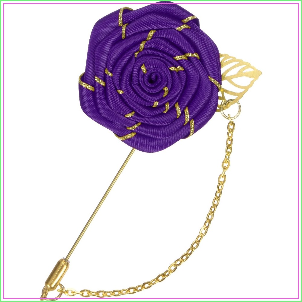Tuxedo Lapel Pin - Брошь-роза из ткани с золотыми листьями,